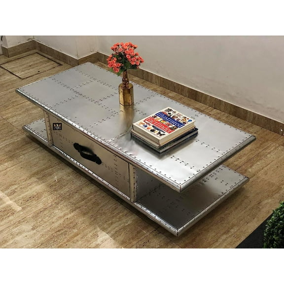 NauticalMart Aviator Coffee Table with Drawers Aluminum Rectangular Center Tea Table Housewarming Gift, Living Room Decoration & Office Furniture (30 Inches)