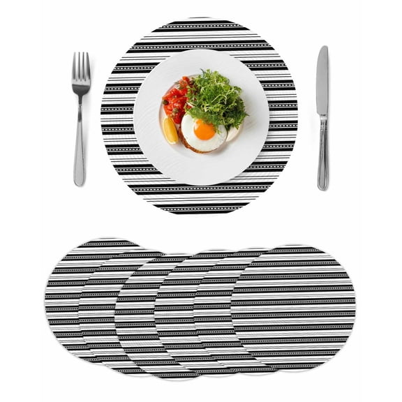 Boho Black Stripe Round 15 Inch Placemats Set of 6, Abstract Geometric White Minimalist HeatResistant Non Slip Place Mats for Dining Table, Wipeable Braided Kitchen Table Mats for Housewarming