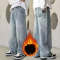 thumbnail image 2 of Winter Warm Baggy Jeans Boys Wide Leg Elastic Waist Multiple Pockets Lined Cargo Trousers Jeans Denim Pants For, 2 of 9