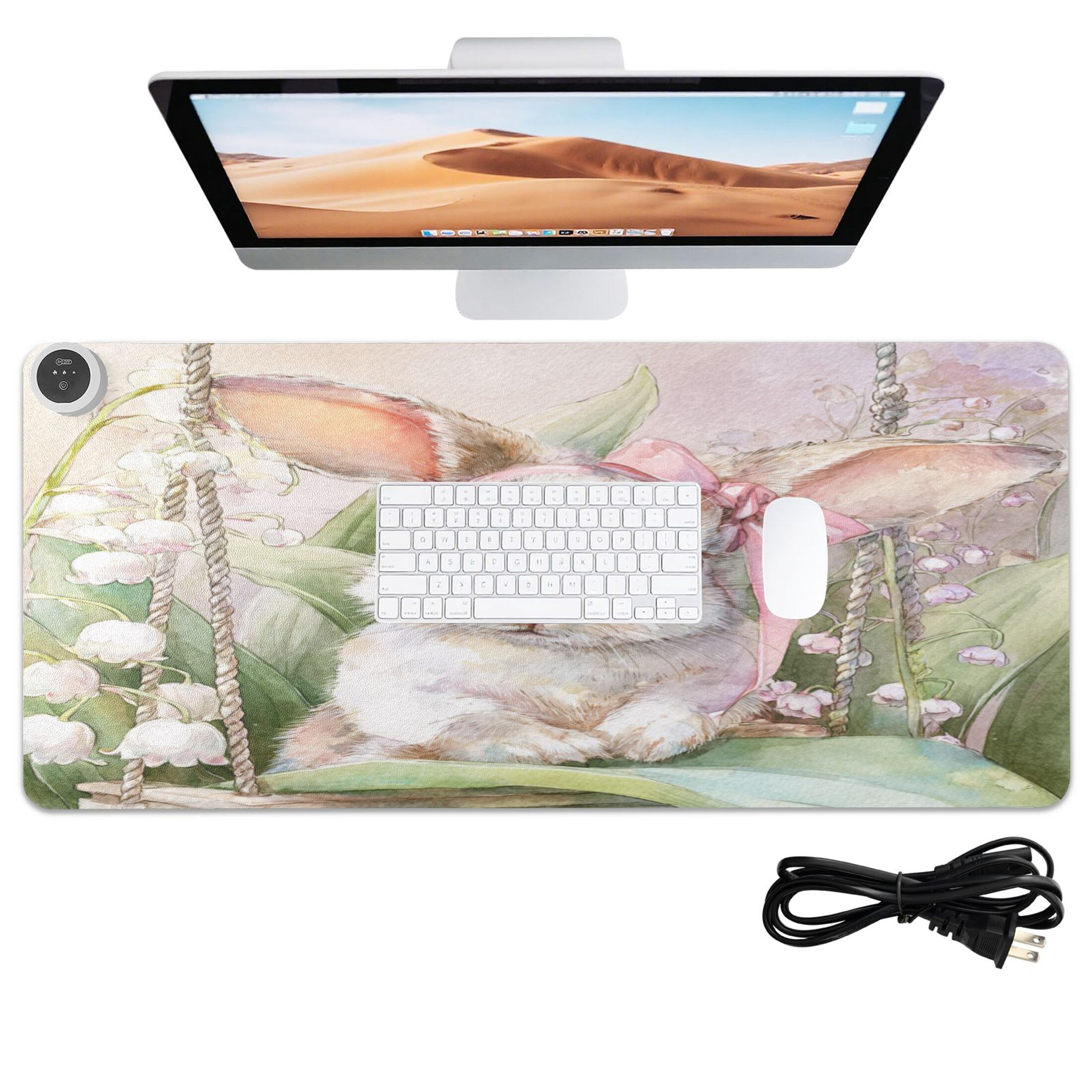 Large Heated Desk Mat Mouse Pad 31.5"x13"PU Leather Graphene Heating Desk Warmer with 3 Temperature Settings 110V US Plug Non-Slip Warm Pad for Home, Office, and Gaming Pink Bow Bunny Art