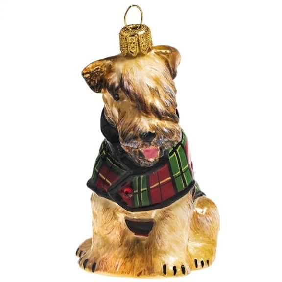 Soft Coated Wheaten Terrier with Tartan Plaid Coat Polish Glass Dog Ornament