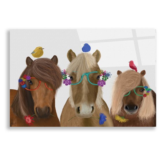 Epic Art 'Horse Trio with Flower Glasses' by Fab Funky, Acrylic Glass Wall Art, 24"x16"