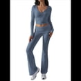 thumbnail image 3 of Conjunto Deportivo de 2 Piezas para Mujer, Camiseta de Larga, Pantalones Acampanados con Solapa, Chándal Informal, Gris Azul, L, 3 of 8