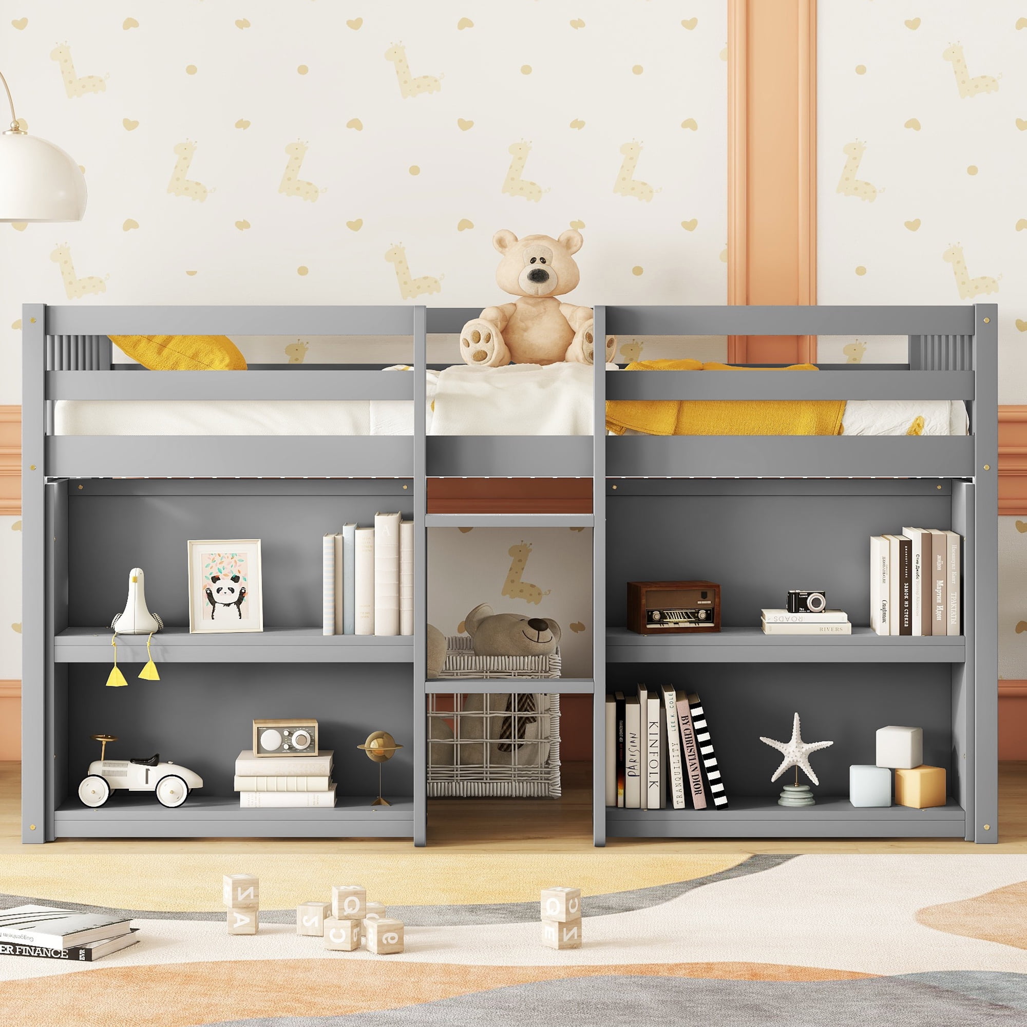 Twin Size Low Loft Bed with Two-Tier Shelves, Wooden House Loft Bed with Storage for Books & Toys, Space Saving for All Ages, Multi-Functional, Grey