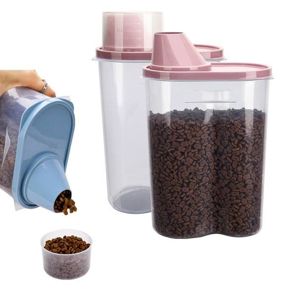 2 Pcs Dog Food Storage Container for Pet Cat Small Dog, Food Storage with Measuring Cup 2.5L Pink
