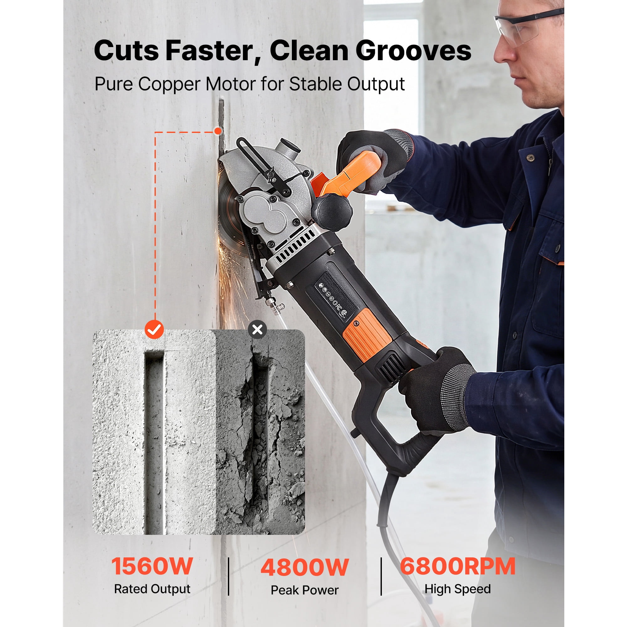KFFKFF Electric Wall Groove Cutting Machine, 4800W Power, 6800 RPM Speed, Concrete Slotting Tool with Guide Line, 5 Blades, Adjustable Handle for Brick and Concrete Applications