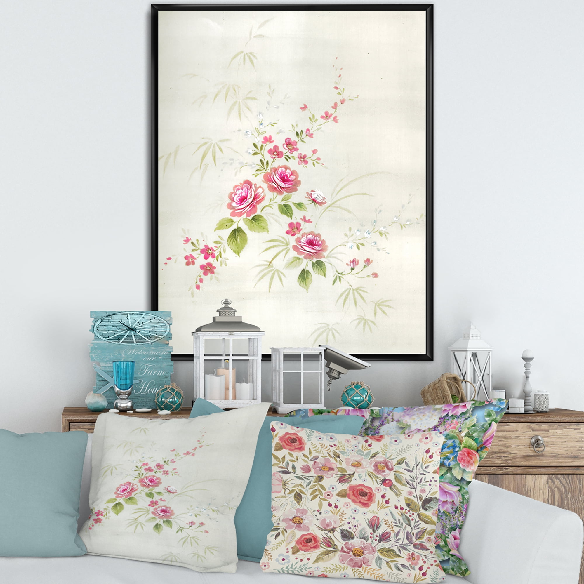 Designart 'Abstract Retro Drawing of Flowers II' Vintage Framed Canvas Wall Art Print