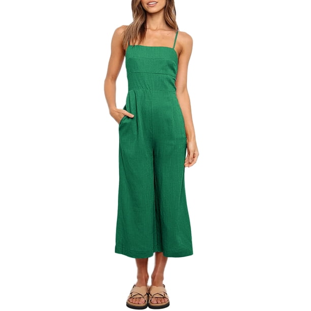Txlixc Mono de verano para mujer Tirantes finos ajustables Cintura alta Pierna ancha Mono recortado Mamelucos con bolsillos Txlixc Estilo de ocio