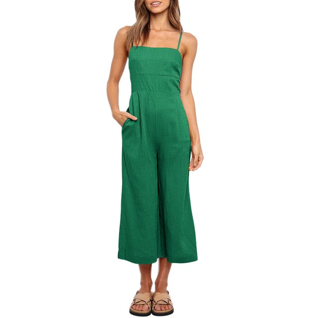 Txlixc Mono de verano para mujer Tirantes finos ajustables Cintura alta Pierna ancha Mono recortado Mamelucos con bolsillos Txlixc Estilo de ocio