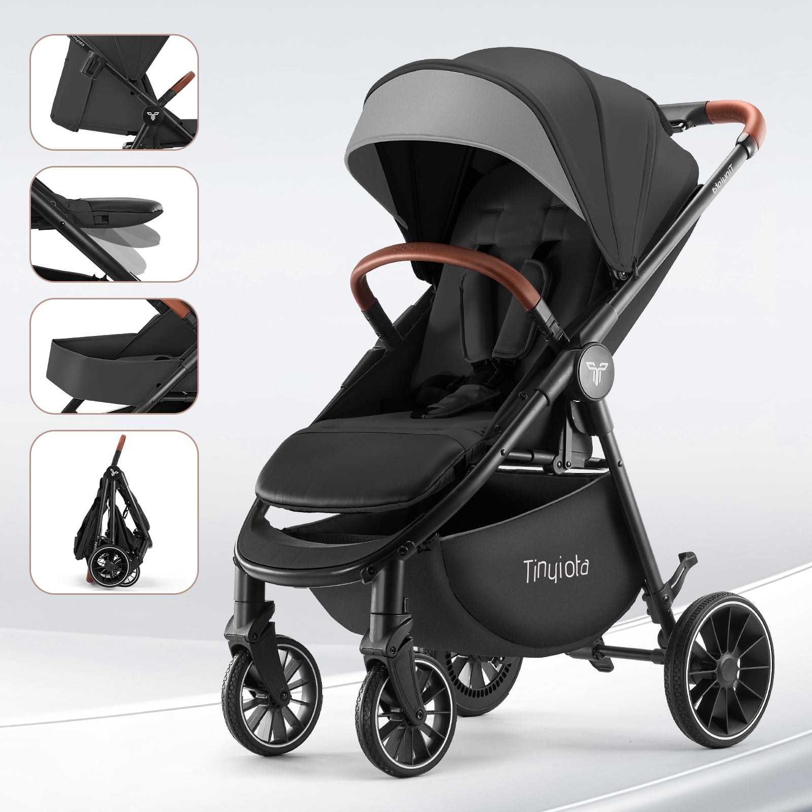 Tinyiota Baby Stroller with UPF 50+ Canopy, One-Hand Fold and Leather Handle, Black