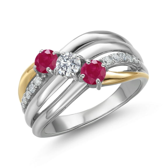 Gem Stone King 925 Silver and 10K Yellow Gold Red Ruby and Lab Grown Diamond Engagement Ring for Women | 1.12 Cttw | Round 4MM | July Birthstone | Size 5