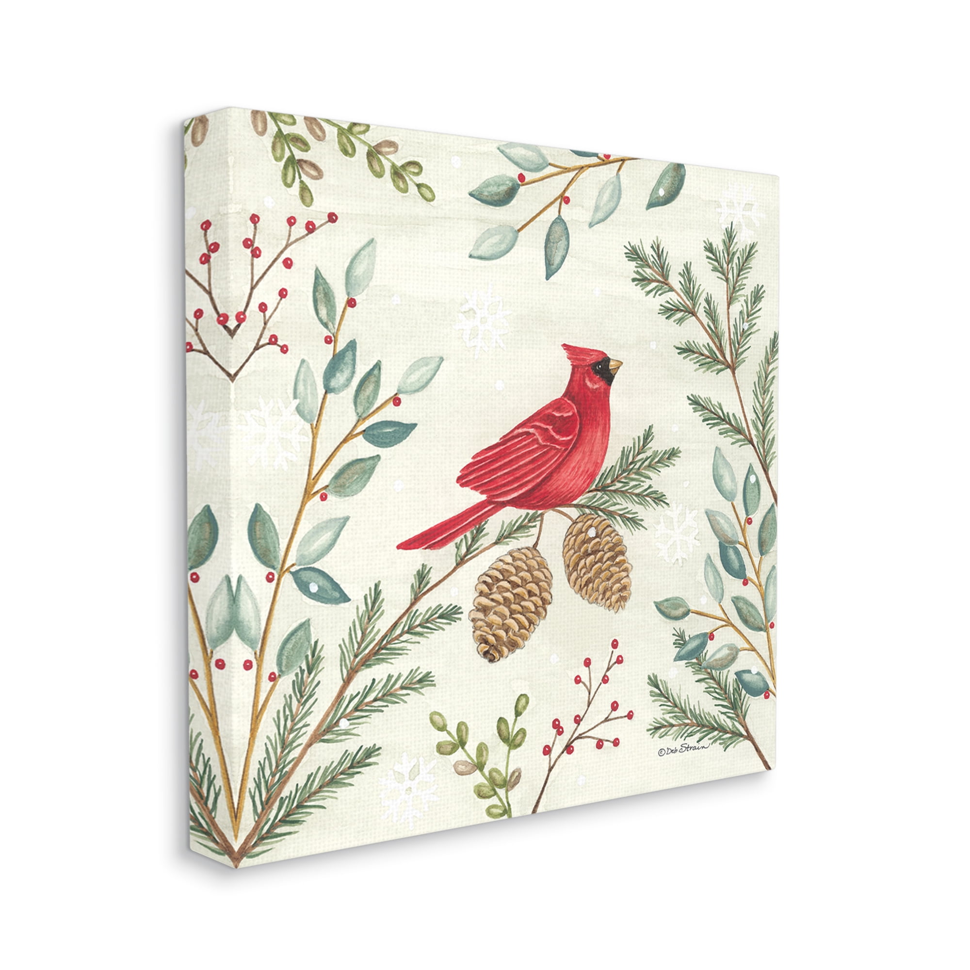 Stupell Industries Cardinal & Pinecones in Winter Holiday Painting Gallery Wrapped Canvas Print Wall Art, 17 x 17