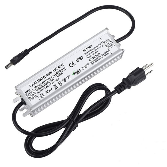 LED Driver 60W 12V DC Low Voltage Output, Waterproof IP67 LED Power Supply,LED Transformer with 3-Prong Plug 3.3 Feet Cable for LED Light, Computer Project, Outdoor Light