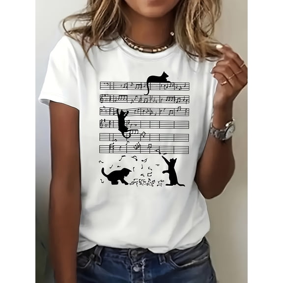 Women's Cute Cat Music Graphic Tee, Black Cat Playing with Music Notes Print Casual Crew Neck Short Sleeve T-Shirt, Funny Cat Lover Gift, Musical Theme Everyday Comfortable Shirt