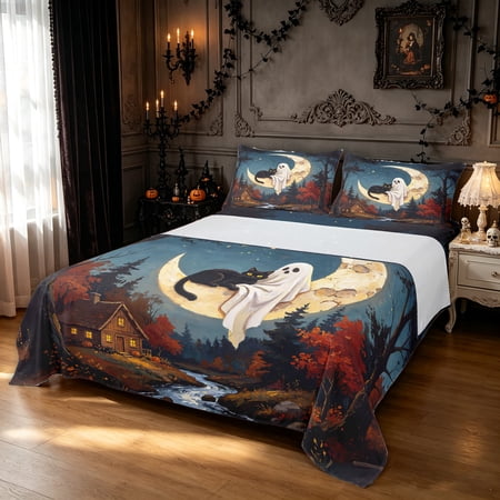 Feelyou Spooky Ghost Cat Queen Sheets Boho Moon Rustic Cabin Queen Sheet Sets Teal Blue 4-Piece 1 Flat Sheet 1 Fitted Sheet and 2 Pillowcases