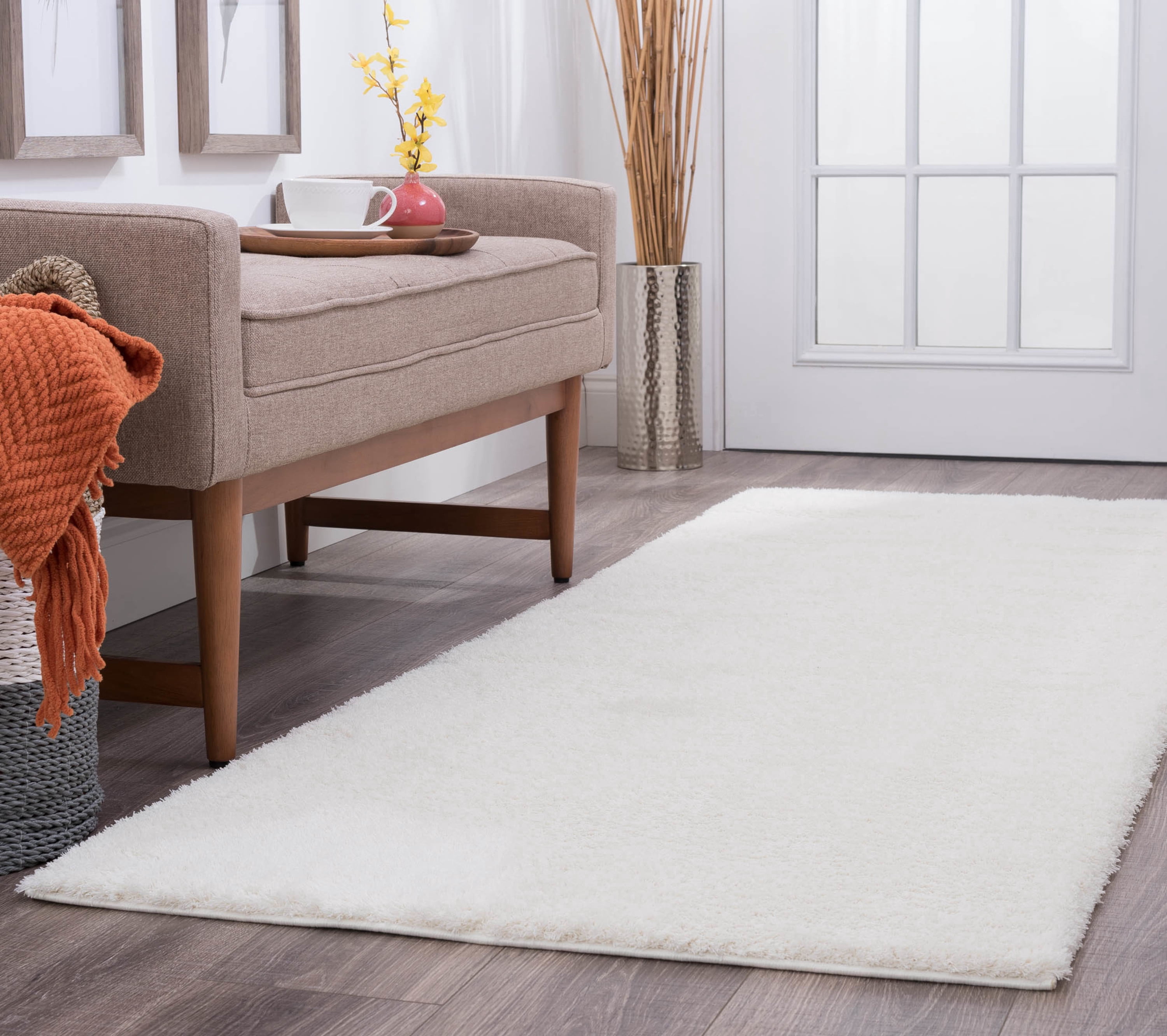 Shag 3x8 Area Rug Thick (2'7'' x 7'3'') Solid Cream Indoor Runner Easy to Clean