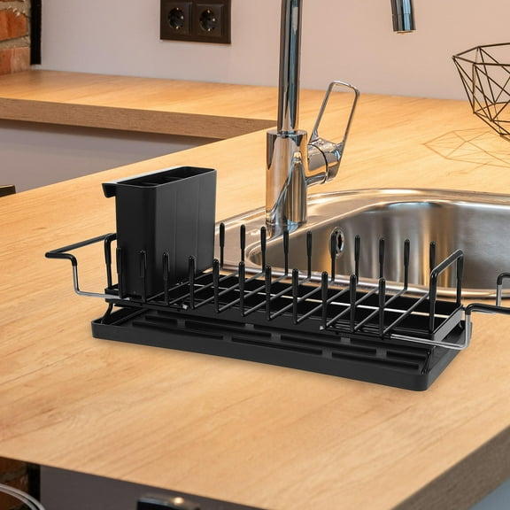 Hemoton Space Saving 1 Set Kitchen Counter Dish Rack with Drainboard and Utensil Holder Organizer Shelf