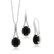 Gem Stone King 925 Sterling Silver Oval Black Onyx Pendant and Earrings Jewelry Set For Women (12.00 Cttw, Gemstone Birthstone, with 18 inch Chain)
