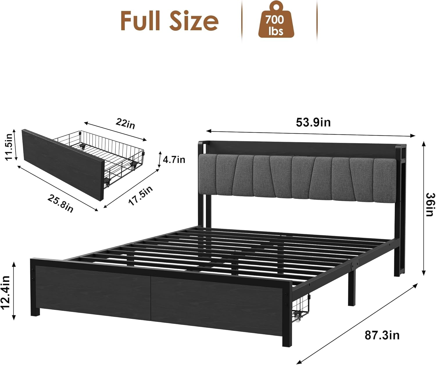 Senfot Full Size Platform Bed Frame with Storage Headboard, 2 Large Drawers, USB Charging Station, Noise-Free, No Box Spring Needed, Industrial Black Bed Frame