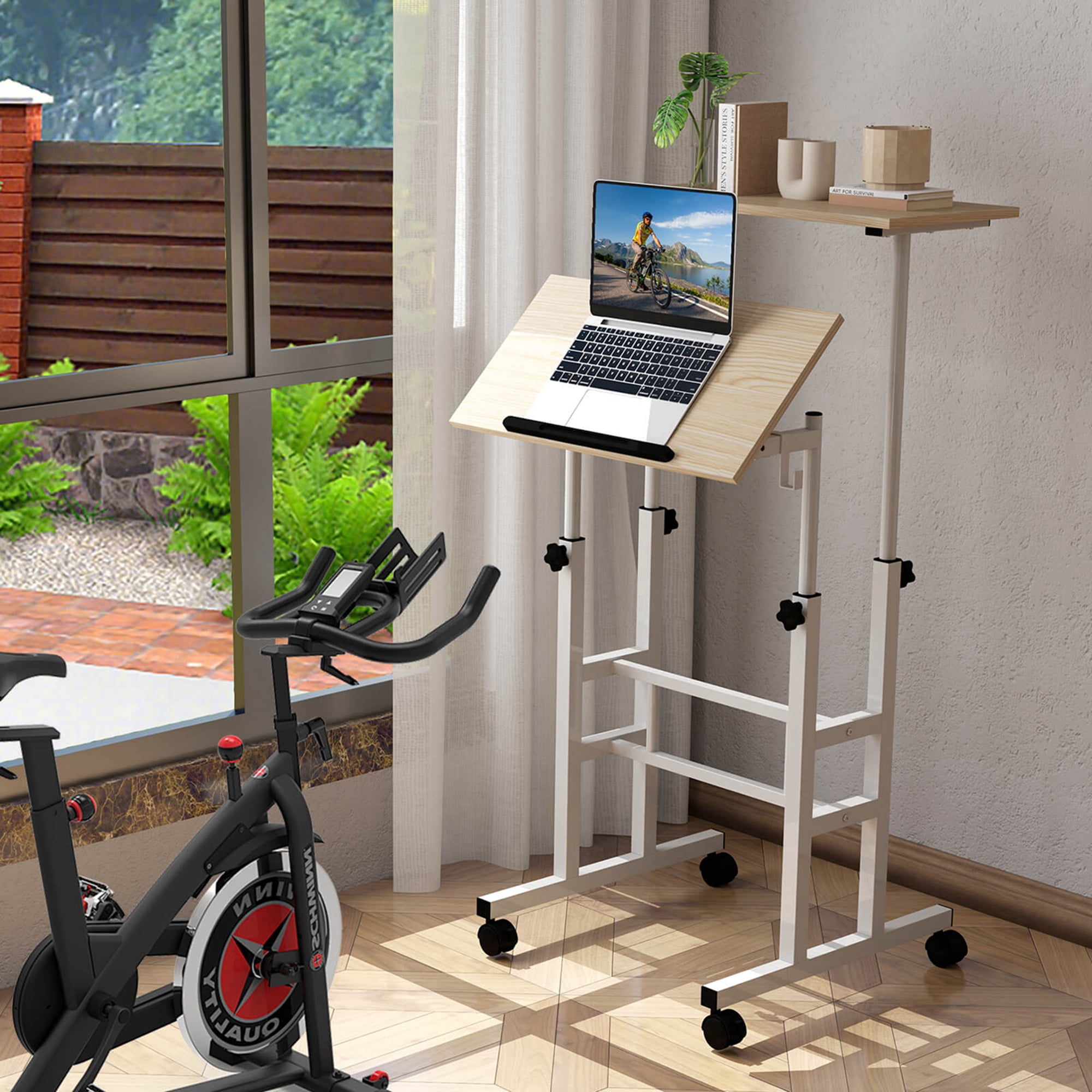 Costway Height Adjustable Mobile Standing Desk with Tiltable Desktop & 2 Hanging Hooks