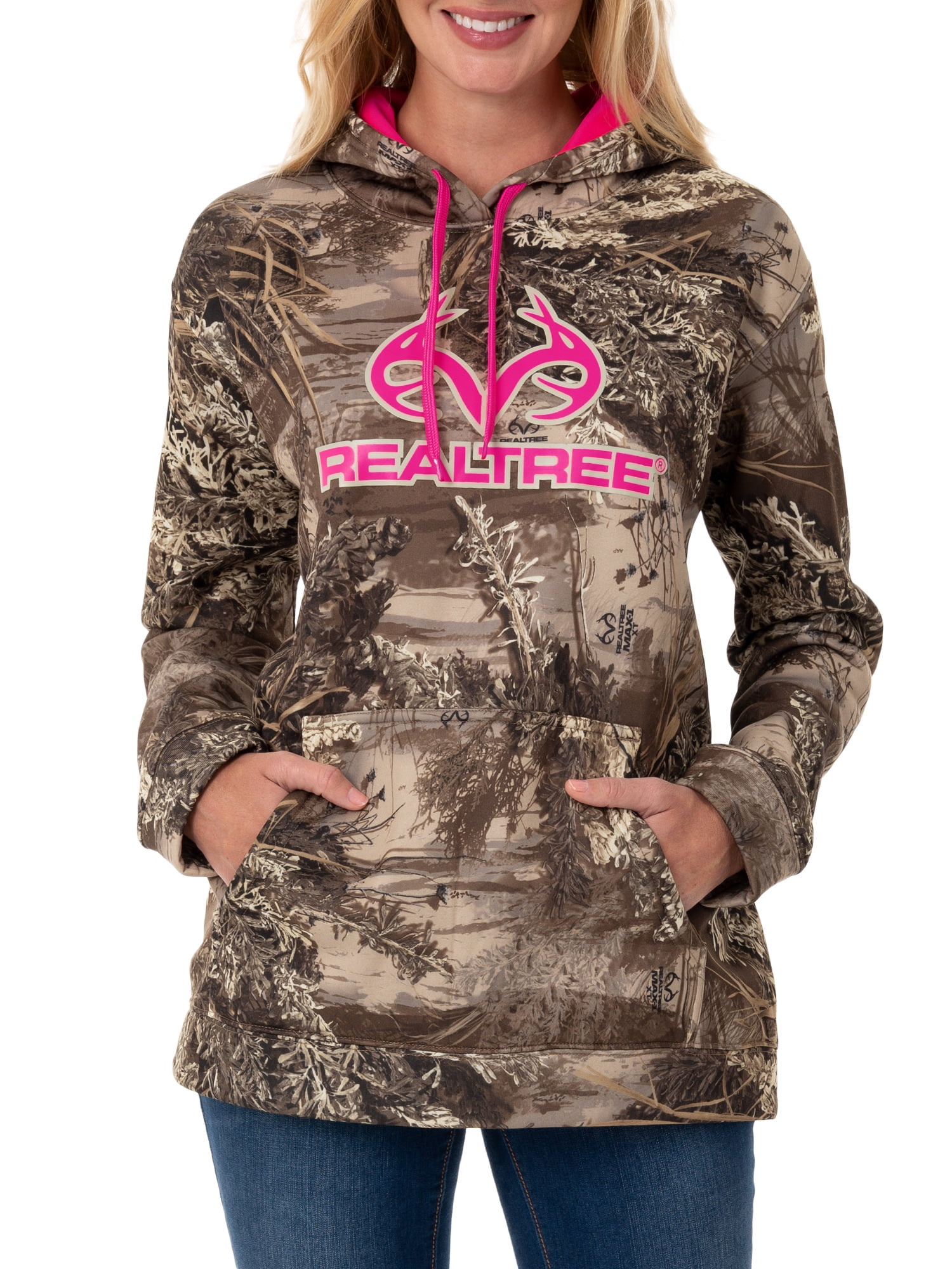Realtree Womens Pink Hunting Performance Camo Hoodie Fleece Pullover 