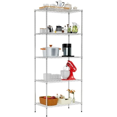 Large Wire Shelving Unit 5-Tier Metal Storage Shelves Heavy Duty Garage Shelving Adjustable Storage Shelf Rack with Leveling Feet for Home Kitchen Garage 14"" Dx23.8 Wx60 H Chrome