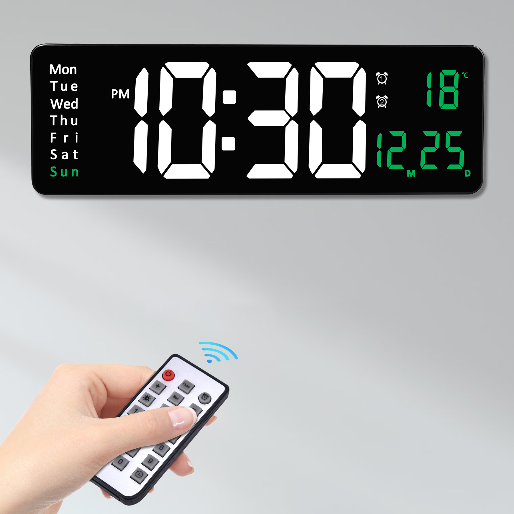 Large Digital Wall Clock with Remote Control 17.2 LED Large Display Timer  with Temperature Date Week Auto DST Adjustable Brightness, Big Wall Alarm