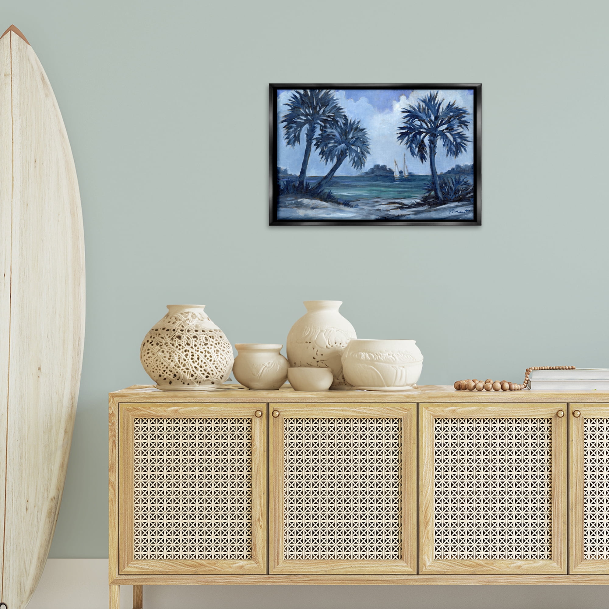 Stupell Industries Indigo Palms Impressions Landscape Painting Black Floater Framed Canvas Art Print Wall Art, 25 x 17