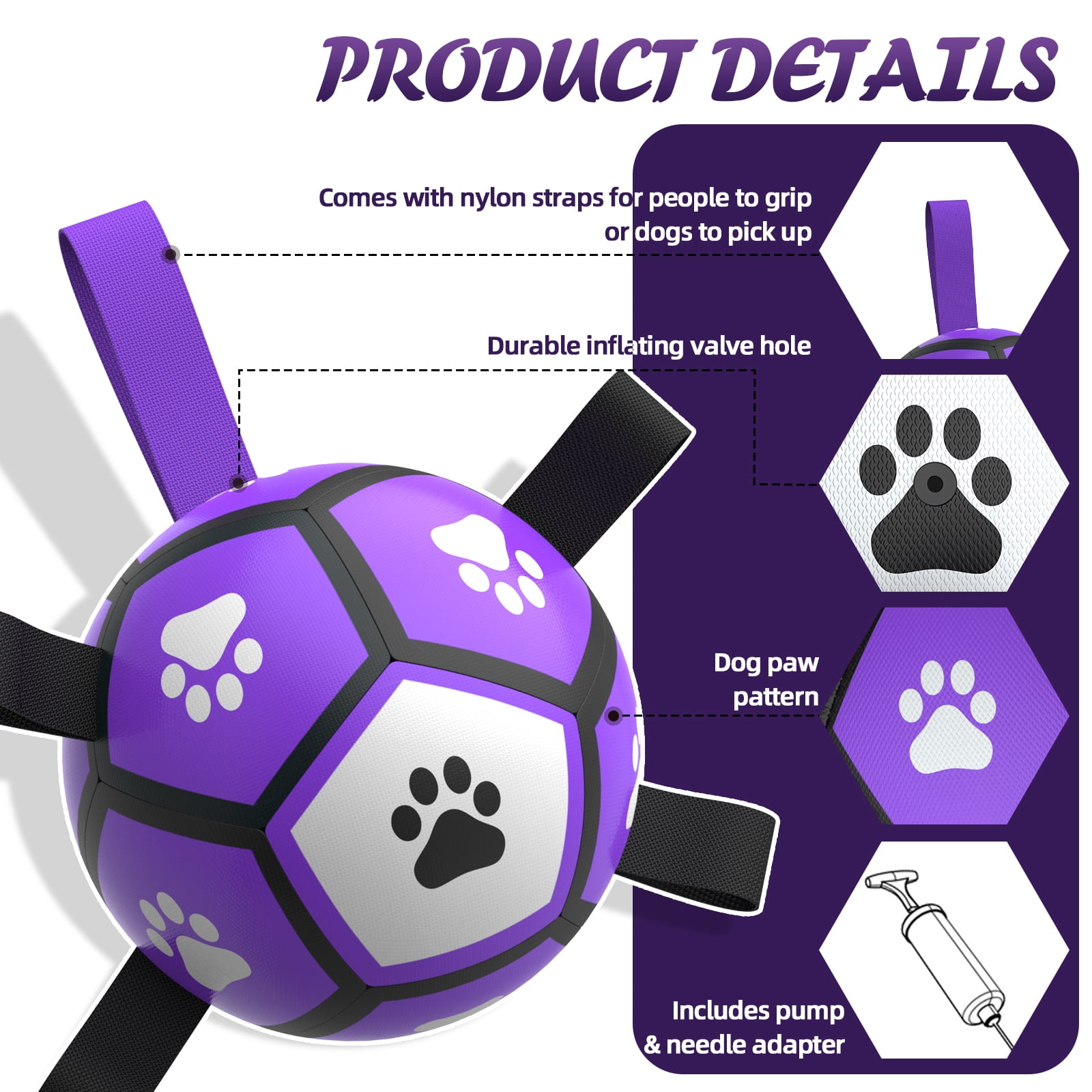 QDAN Durable Dog Toys Soccer Ball with Nylon Straps Hand Pump for Puppies Small Dogs, Purple & Gray, 5-inch