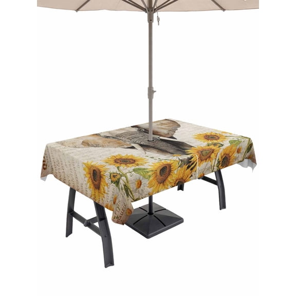 Outdoor Tablecloth with Umbrella Hole for Patio/Picnic/Party/Camping, Vintage Elephants Waterproof Table Cloth Rectangle Table Cover Washable, Spring Summer Sunflowers Daisy Floral (60"x 120")