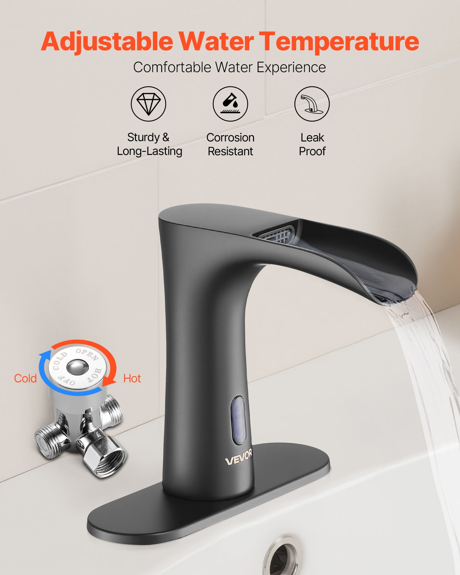 VEVOR Touchless Bathroom Sink Faucet, Automatic Motion Sensor Waterfall Restroom Toilet Faucet with Hole Cover Plate, Modern Electronic Sensor Hot/Cold Water for 9/16 in Pipe Commercial,Matte Black