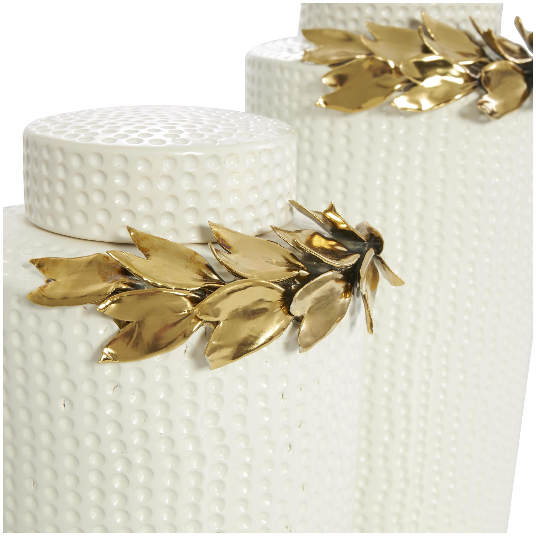 DecMode 11", 9"H White Ceramic Leaf Decorative Jars with Abstract Spotted Pattern and Gold Accents, 2-Pieces