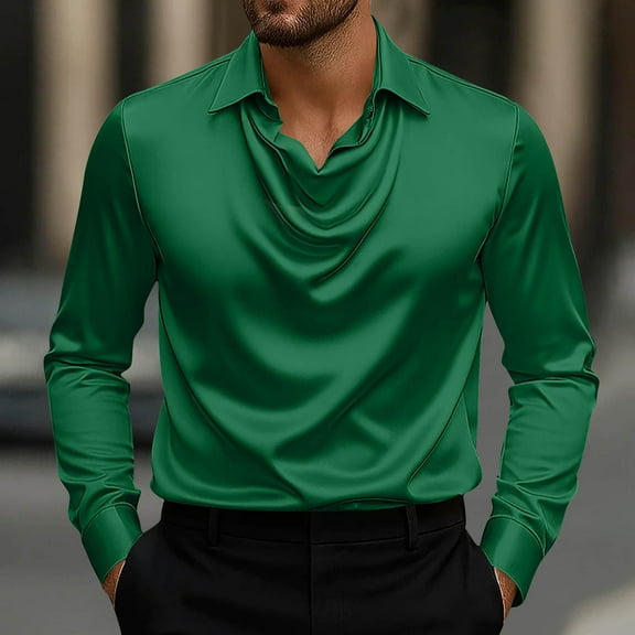 gbyLJF Men's Silk Long Sleeve Top Stretchy Solid Color V-neck Blouse Formal Wedding Turndown Collar Dress Shirt