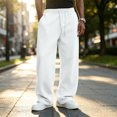 thumbnail image 4 of Men's Straight Leg Pants, Solid Color Drawstring Elastic Waist Loose Fit Fall Casual Trousers with Pockets White XL, 4 of 5