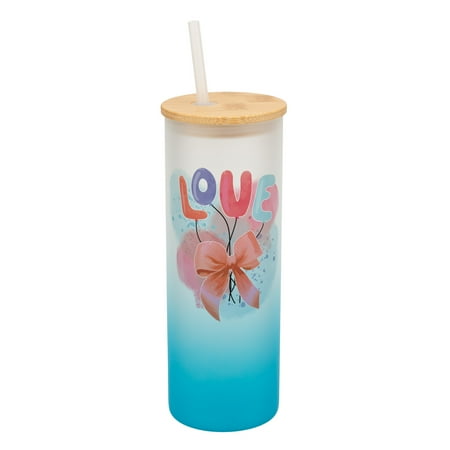 

Elanze Designs 25 Ounce Frosted Glass Gradient Travel Tumbler With Straw and Wooden Lid Love Balloons Sky Blue
