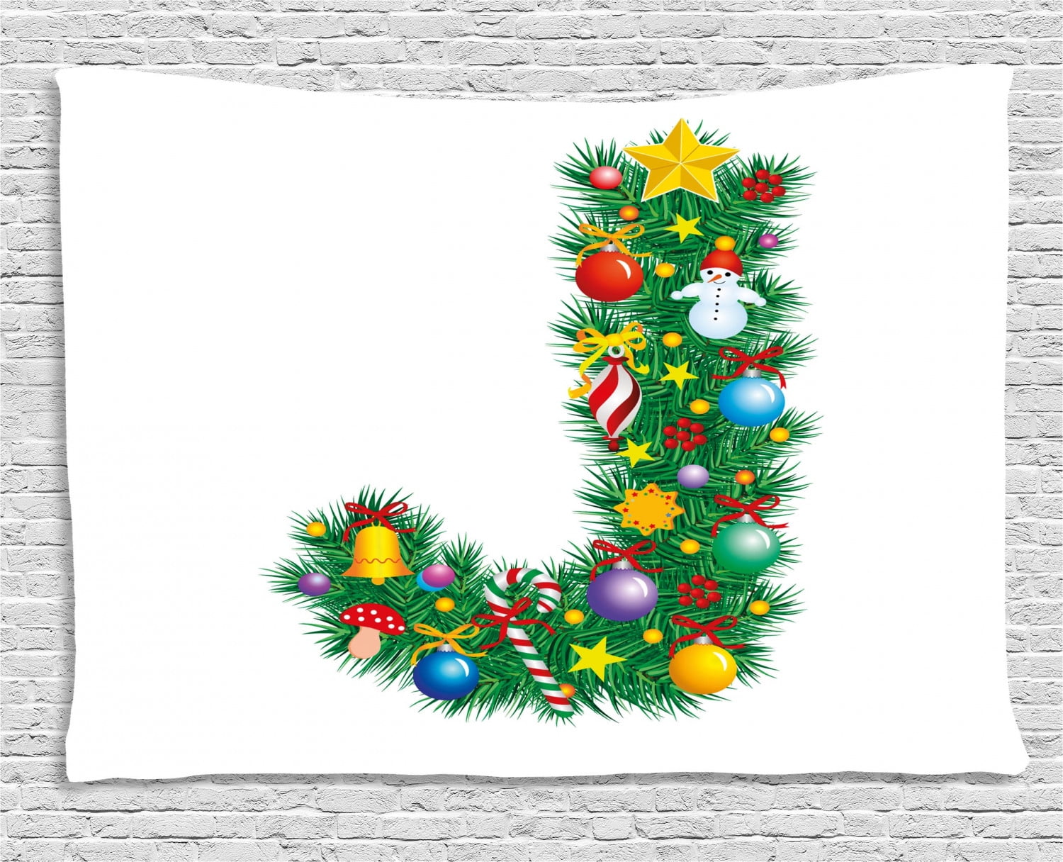 Letter J Tapestry, Capital J with Christmas Celebration Items Colorful