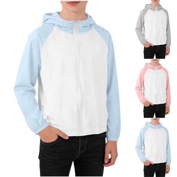 Abtuhar Boys and Girls Fall Winter Hooded Casual Outerwear and Jackets Upf50 Plus Color‑block Breathable Outdoor Zip‑up Sun‑protection Coat for 0‑15 Years
