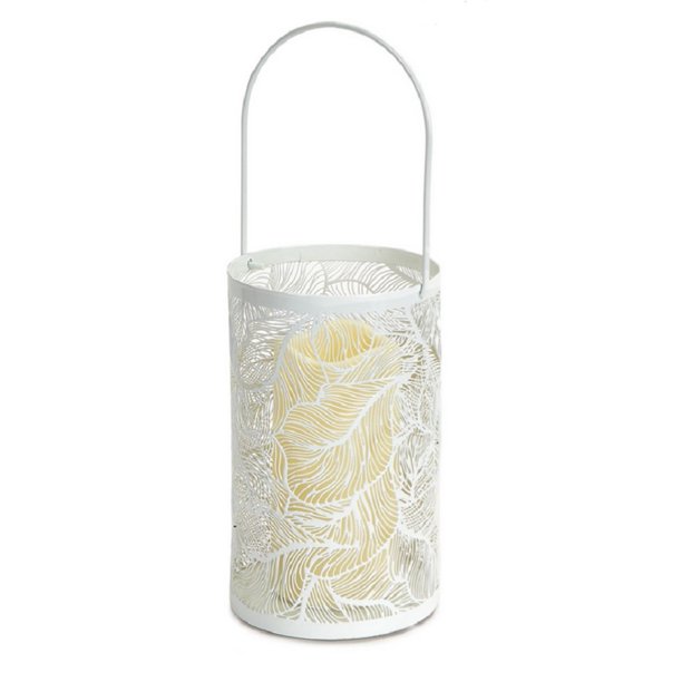 8" White Leaf Patterned Battery Operated LED Candle Lantern with Timer