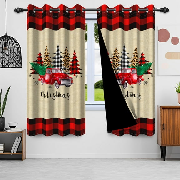 Nanqianyi Christmas Red Truck Blackout Curtains Xmas Trees Festive Curtains for Living Room, 42"W x 84"L, 2 Panels