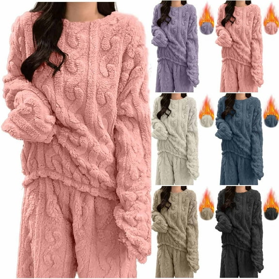 Wlynlyn Pajamas Tops for Women Casual Fleece Fuzzy Long Sleeve T-Shirts Loose Fitted Solid Color Loungewear Tops