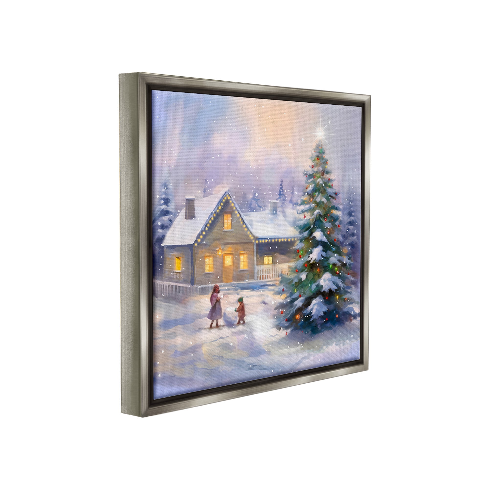 Stupell Industries Children Building Snowman Holiday Painting Gray Floater Framed Canvas Art Print Wall Art, 18 x 18