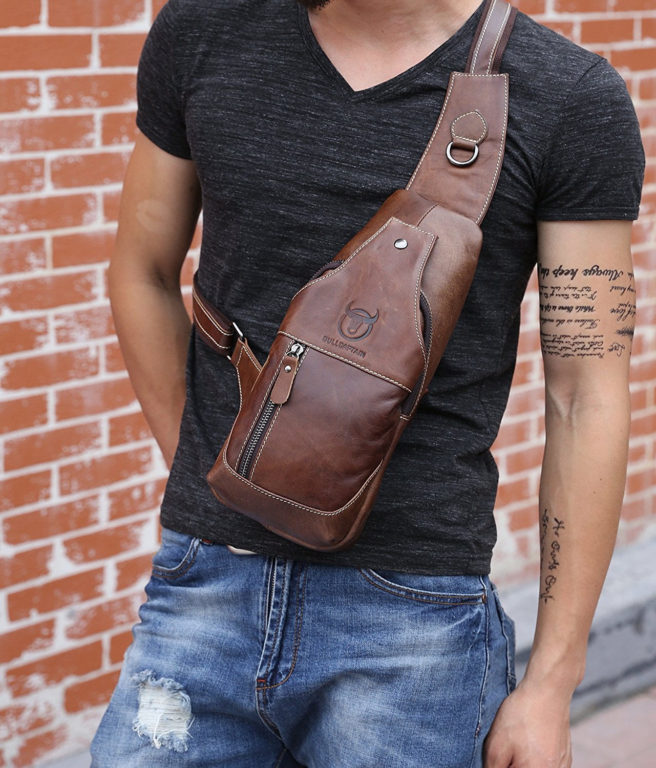 BULLCAPTAIN Men's Sling Bag Genuine Leather Chest Shoulder Backpack Cross Body Purse Water Resistant Anti Theft For Travel Hiking School