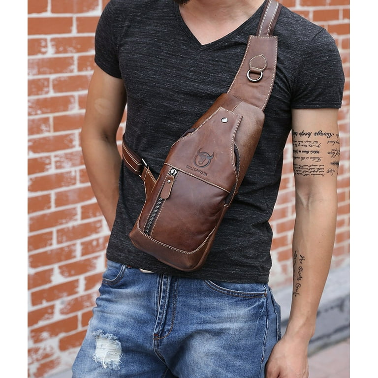 BULLCAPTAIN Men s Sling Bag Genuine Leather Chest Shoulder
