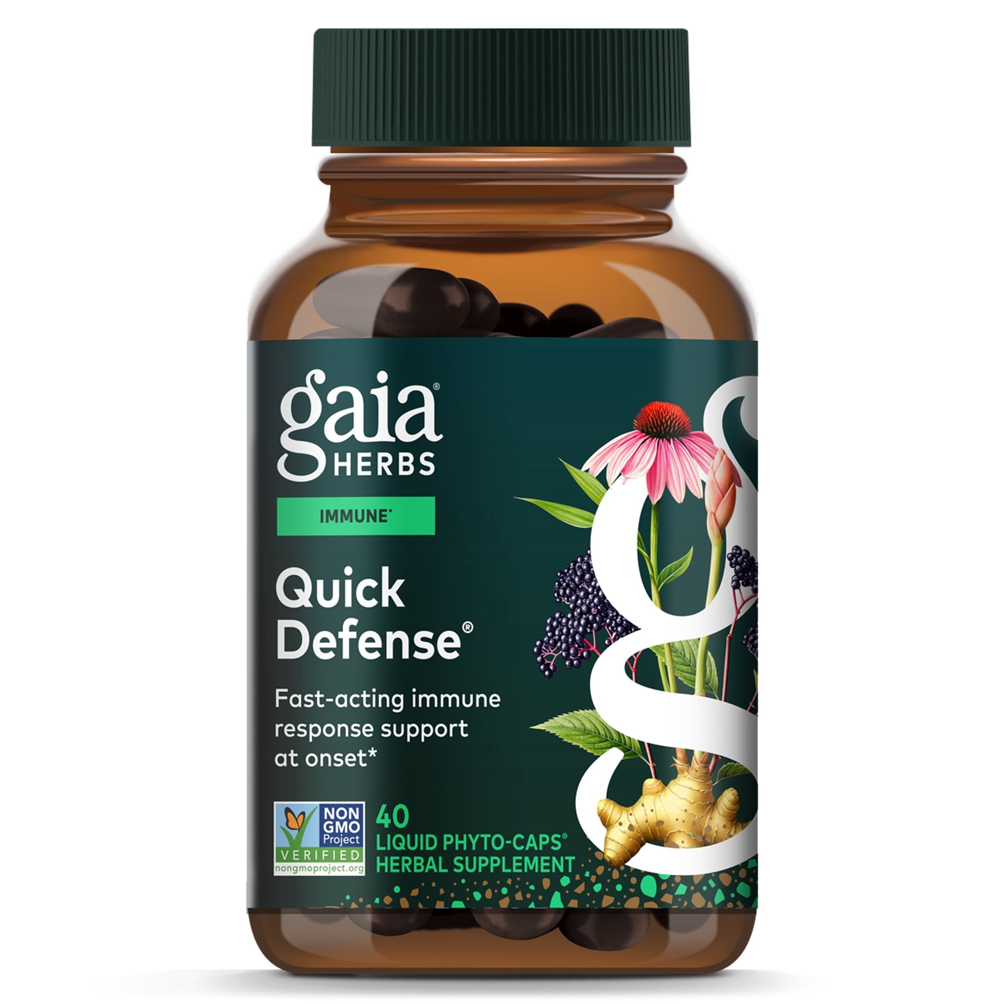 Gaia Herbs Quick Defense - Fast-Acting Immune Support Supplement* - Echinacea, Black Elderberry, Ginger & Andrographis - 40 Vegan Liquid Phyto-Caps (20 Servings)