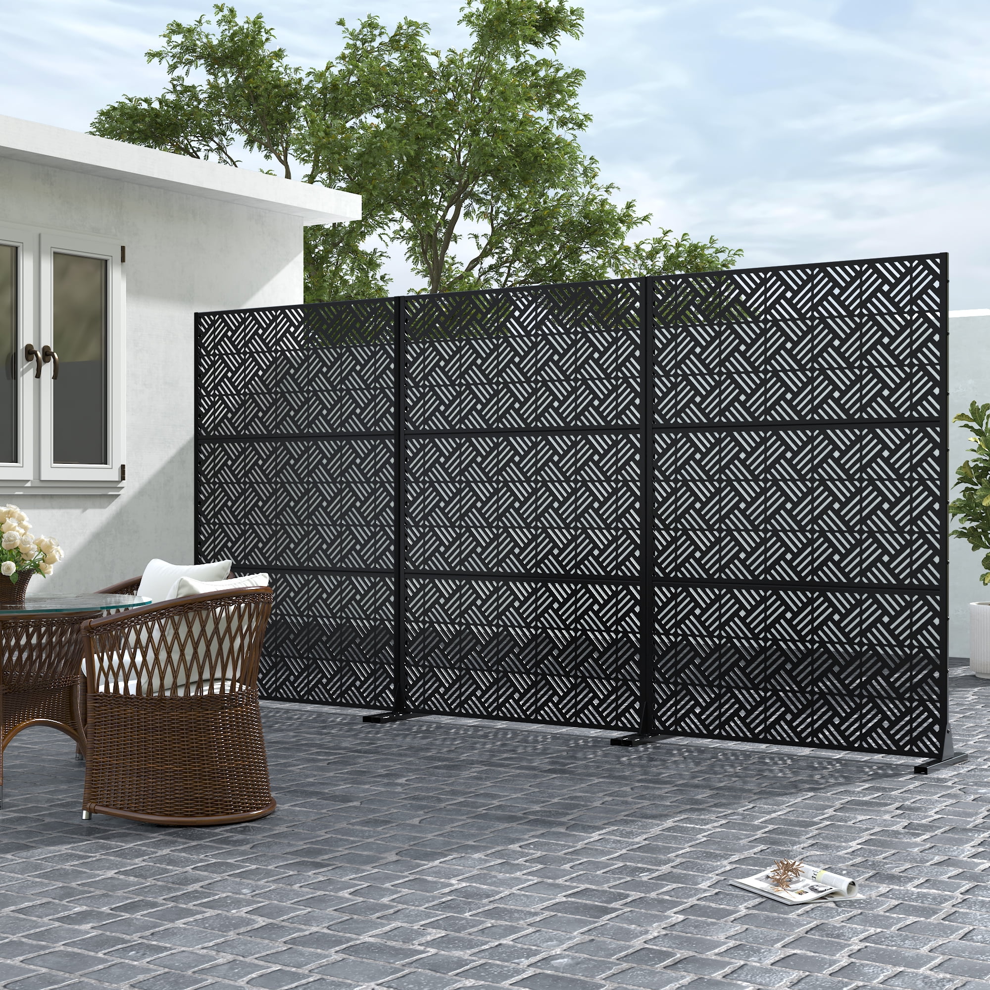 MAYEERTY 72*47" Outdoor Black Metal Freestanding Sheet Privacy Panel Screen for Patio, Woven Pattern