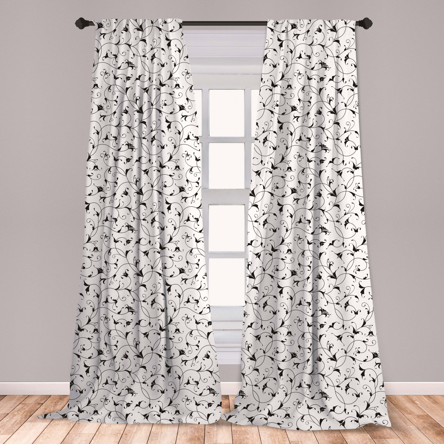 Floral Curtains 2 Panels Set, Monochrome Oriental Inspired Leaf Designs with Various Shapes with