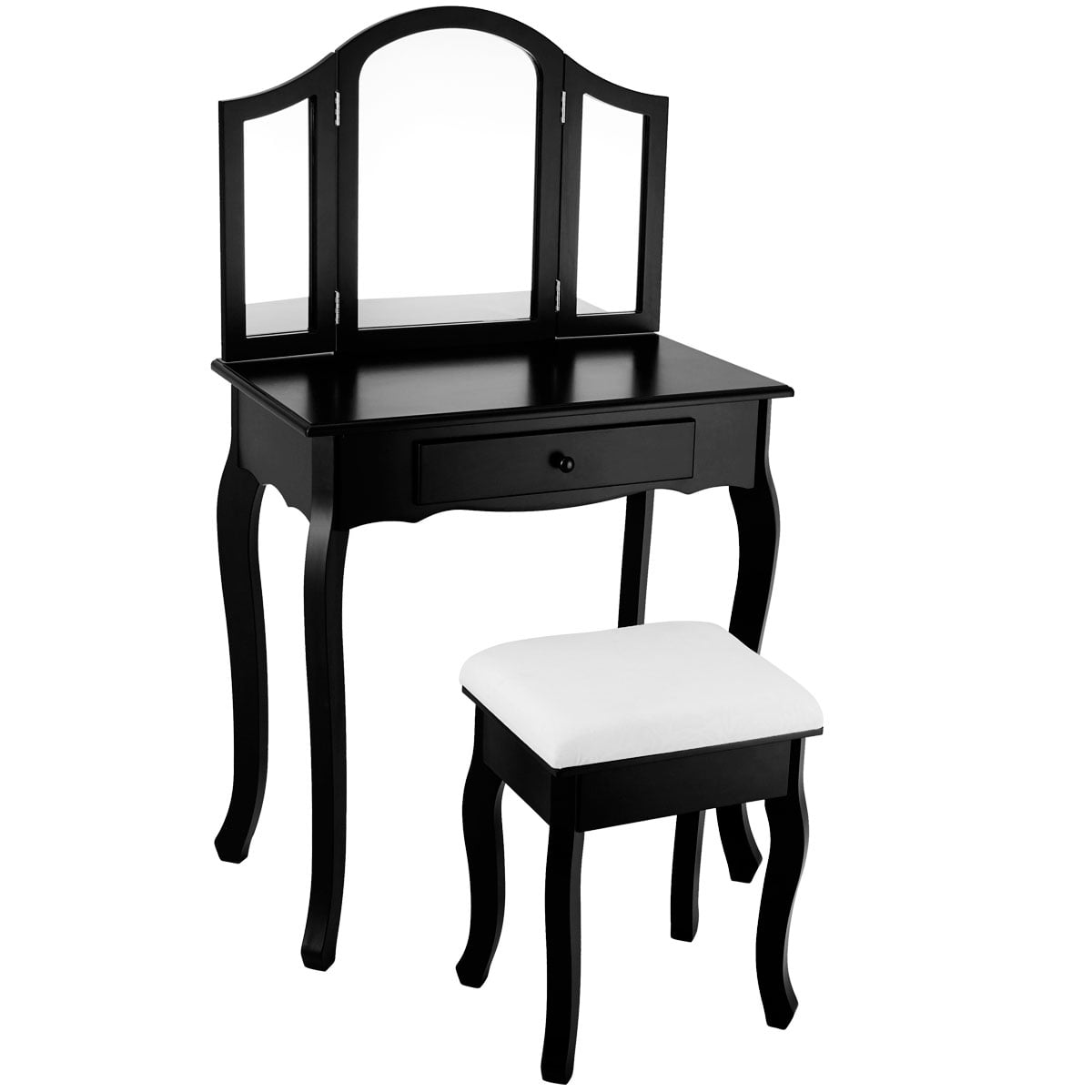 Tri Folding Mirror Vanity Set Makeup Dressing Table W Stool Drawers Black