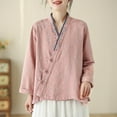 thumbnail image 2 of Dazajoo Women's Retro Chinese Frog Button Tops Casual Floral Embroidered V Neck Shirts Summer Cotton Linen Long Sleeve New Chinese Blouses,Pink,XL, 2 of 5