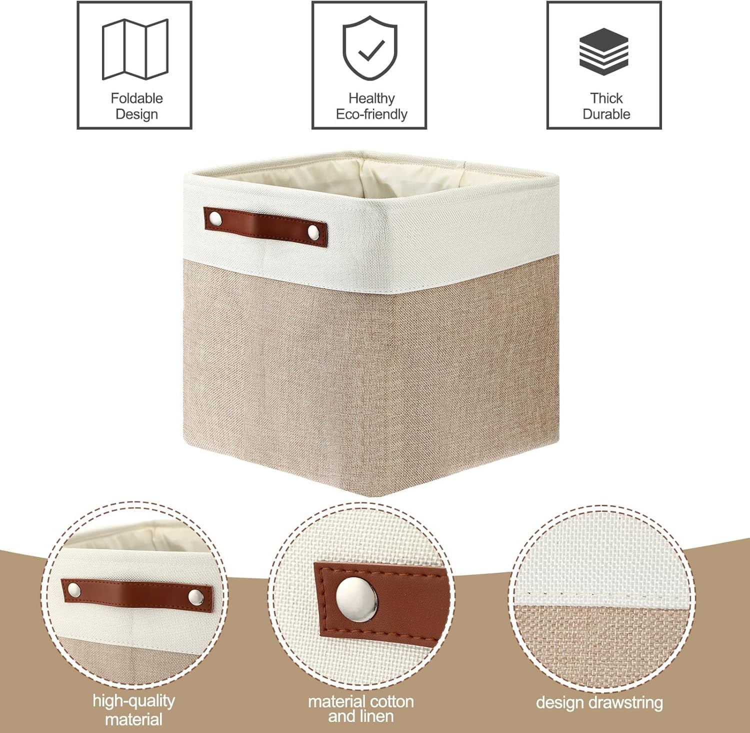 10 Pcs Collapsible Storage Bins Fabric Foldable Storage Basket with Handles Cloth Basket Organizer Linen Shelf Baskets for Shelves Home Closet Nursery Toys (Beige and White,12 x 12 x 12 Inch)