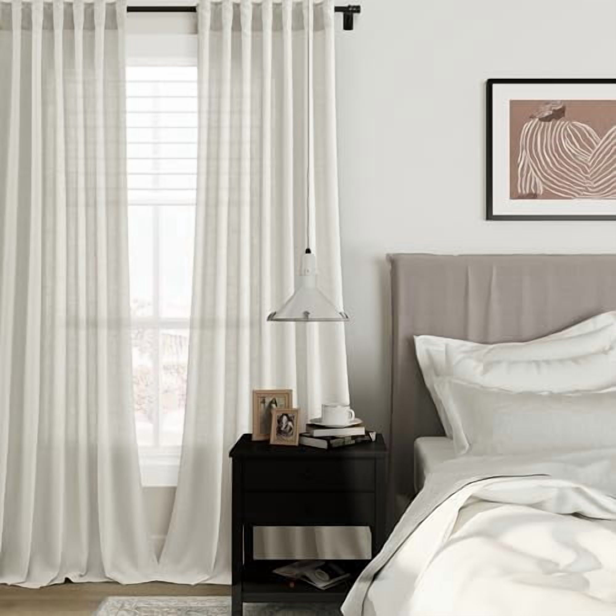 Beige White Linen Semi Sheer Curtains 63 Inches Length Light Filtering Neutral Farmhouse Boho Rod Pocket Back Tab Hook Belt Clip Rings Window Drapes for Bedroom Living Room 2 Panels 52x63